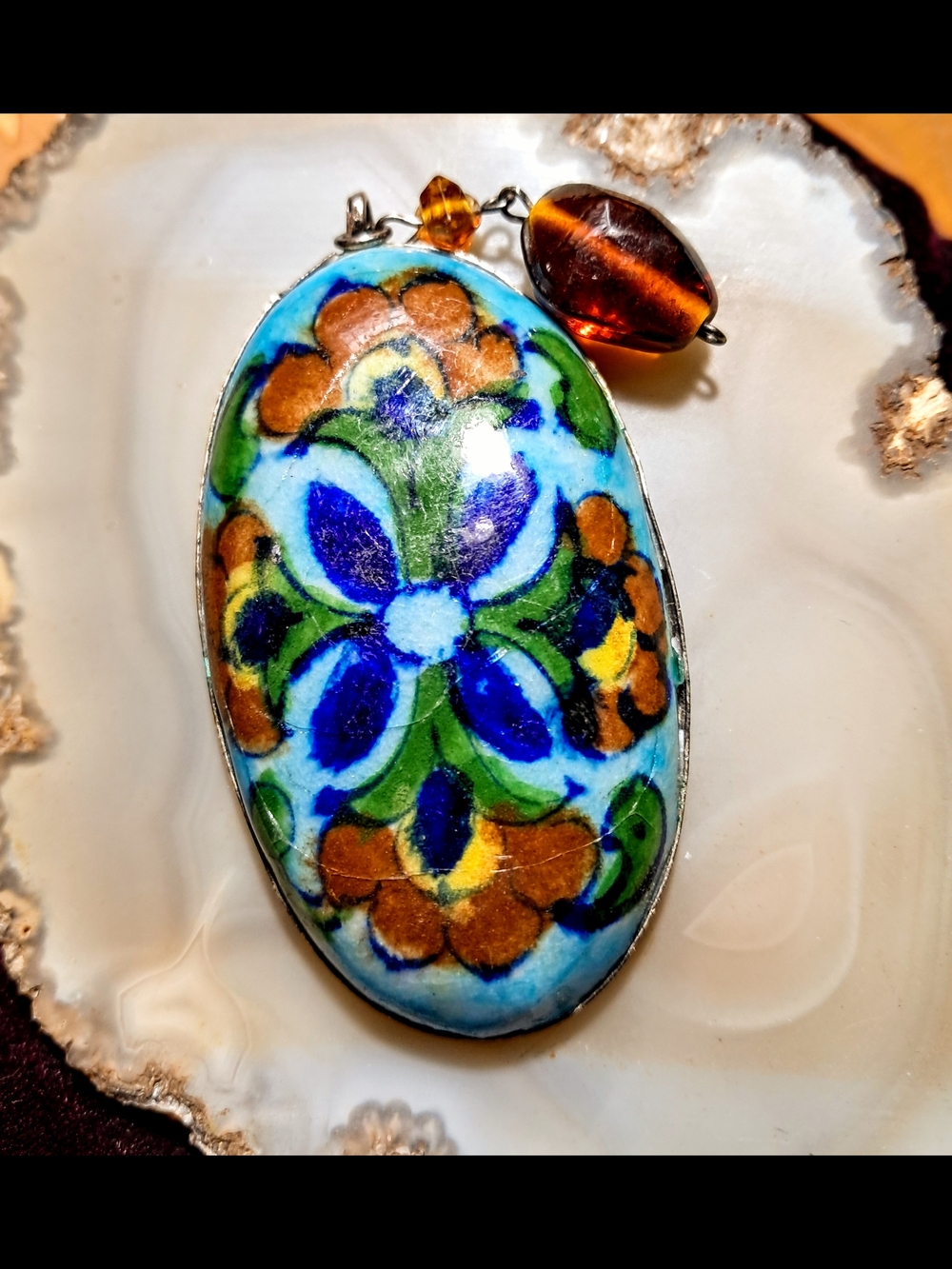 Vintage Large Hand-crafted Floral Enamel Pendant w/ Cognac Beads